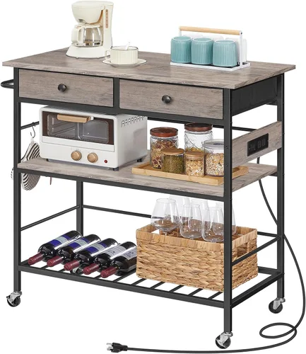 Miniatura 9 de HOOBRO Isla de cocina con almacenamiento, carrito de isla rodante para cocina con 2 cajones y tomacorriente, estación de café de 3 niveles y soporte