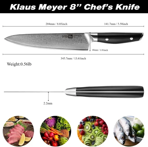 Miniatura 4 de Klaus Meyer Luxor - Cuchillo de chef de 8 pulgadas, cuchillo de cocina de damasco, cuchillo de chef japonés VG10 de acero inoxidable de alto carbono