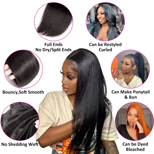 Miniatura 7 de Subella 3 manojos de cabello humano brasileño lacio, grado 10A, virgen, sin procesar, color negro natural (8, 10, 12 pulgadas)