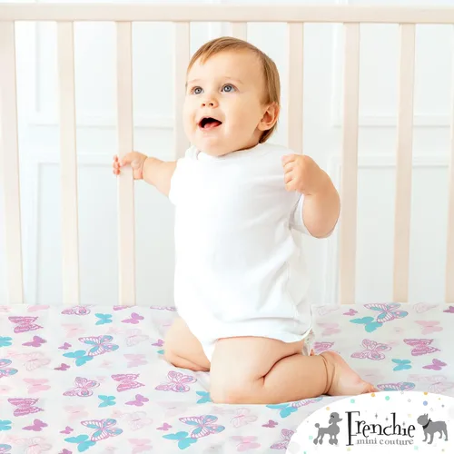 Miniatura 23 de Frenchie Mini Couture Sábanas bajeras para cuna, 100% algodón, se adaptan a colchones de niños pequeños, estrellas azules, 28 x 52 pulgadas, paquete