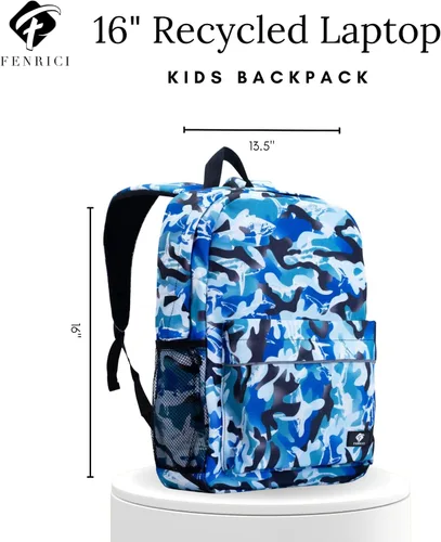 Miniatura 3 de Fenrici - Mochila para niñas, niños y adolescentes, mochila reciclada para laptop, de 16 x 13.5 pulgadas, L, Impresión de tiburón azul.