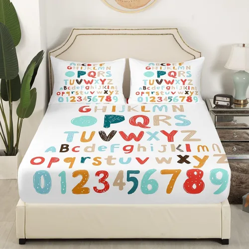 Miniatura 4 de Erosebridal Juego de ropa de cama con diseño del alfabeto para niños, bolsillo profundo, sábana bajera ajustable con patrón digital para niños
