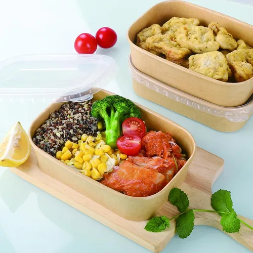 Miniatura 4 de 50 juegos de tazones de papel kraft desechables de 17 oz con tapas, recipientes de papel para alimentos rectangulares con tapas, ensaladeras