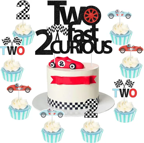 Sursurprise Two Fast Two Curious - Decoraciones de cumpleaños, 25 piezas de decoración vintage para tartas de auto de carreras para niño de 2º