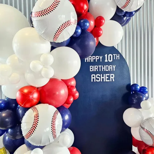 Miniatura 6 de VitaCraft Kit de arco de guirnalda de globos de béisbol, 136 piezas de arco de globos rojo, blanco y azul marino con guante de béisbol globo