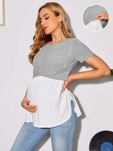 Miniatura 3 de WDIRARA Camiseta de maternidad de manga corta para mujer, de punto acanalado, para lactancia