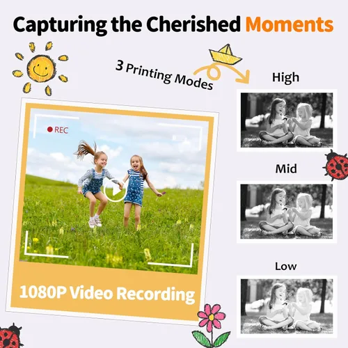 Miniatura 5 de Cámara de impresión instantánea para niños con papel de impresión de 5 colores, foto de 48MP, video 1080P, 21 marcos divertidos, tarjeta de 32GB