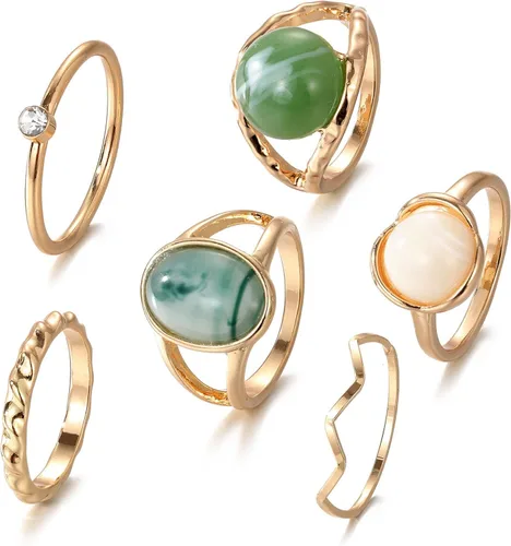 Miniatura 6 de Juego de 6 anillos de diamantes de imitación dorados y verdes para mujer, anillo de piedra preciosa natural, anillo de buena suerte, anillos verdes
