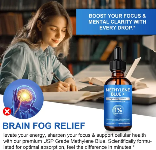 Miniatura 5 de Azul de metileno grado farmacéutico, solución azul de metileno al 1% para la salud cerebral humana y apoyo energético, pureza ultra alta, botella