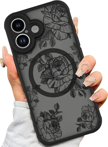 Miniatura 14 de AIGOMARA Funda para iPhone 13 Pro Max [compatible con MagSafe] Diseño de patrón floral de flores negras para mujeres y niñas, TPU suave, parte