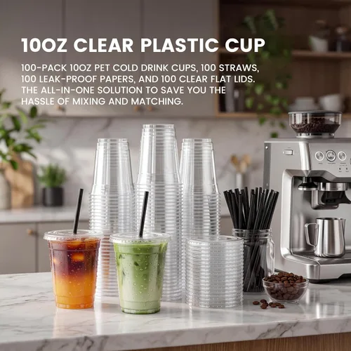 Miniatura 6 de Juego de 100 vasos de plástico desechables transparentes con tapas y pajitas, tazas de café helado de plástico resistentes y seguras para alimentos