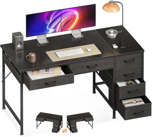 Miniatura 9 de Casaottima Escritorio pequeño para computadora de 40 pulgadas con 6 cajones, escritorio de almacenamiento reversible para oficina en casa, mesa