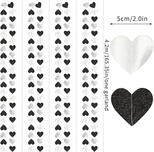 Miniatura 2 de Guirnalda de corazones para decoración de fiesta en negro, blanco y plata - 52 pies para cumpleaños de 21 años, víspera de Año Nuevo, fondo