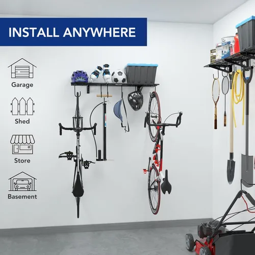 Miniatura 2 de FLEXIMOUNTS Estantería de Pared para Garaje, 1 x 4 pies, Incluye 6 Ganchos para Bicicleta, Sistema de Organización de Estantería de Pared para Negro