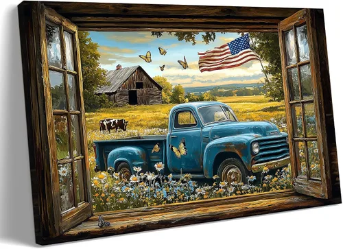 Miniatura 38 de Decoración rústica de granja en lienzo con ventana abierta, impresiones artísticas para pared, pintura de camión viejo, lienzo de granero y bandera