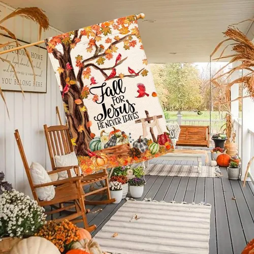 Miniatura 2 de Baccessor Bandera de otoño de 28 x 40 pulgadas, árbol cardenal de otoño para Jesús que nunca deja bandera vertical de doble cara, calabaza cosecha