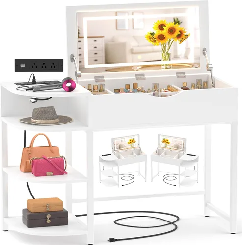 Miniatura 3 de Cyclysio - Escritorio de tocador con espejo abatible y luces, escritorio de tocador de maquillaje con cajones, mesa de vestir con estantes