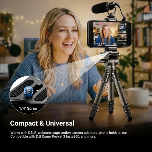 Miniatura 6 de NEEWER Mini trípode de escritorio de fibra de carbono para cámara, trípode de viaje portátil de mesa con cabezal de fluido de video, placa QR