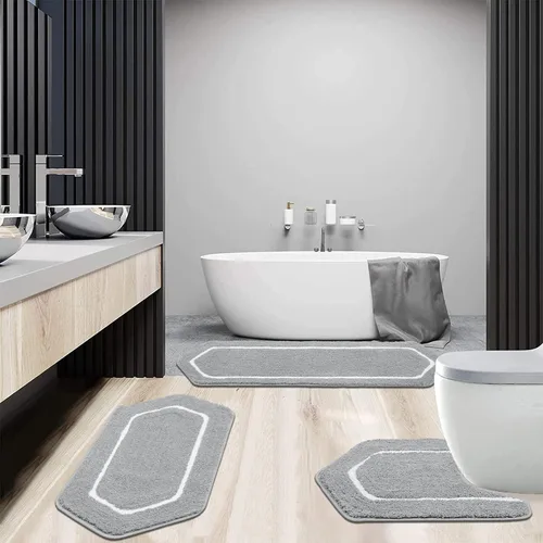 Miniatura 7 de Pauwer Juego de alfombras de baño de 3 piezas con contorno en forma de U, tapete de baño de microfibra absorbente de felpa antideslizante, lavable a