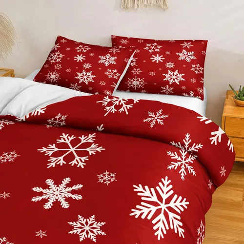 Miniatura 2 de Juego de ropa de cama de Navidad con funda de edredón de copos de nieve, color blanco y rojo, con estampado navideño, juego de ropa de cama festiva