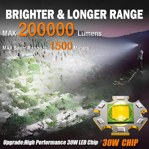 Miniatura 3 de Linternas recargables MAX 200000 lúmenes altos, linterna LED súper brillante de 30 W, linterna más brillante de alta potencia
