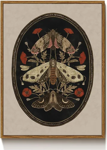 Arte de Pared en Lienzo Enmarcado Flotante Vintage de Insectos Oscuros, Pintura de Polillas y Flores de Amapola, Decoración de Pared Retro Gótica