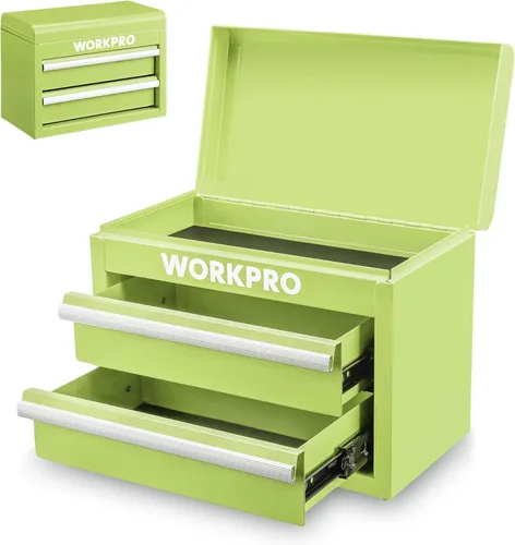 WORKPRO Mini caja de herramientas de metal, caja de herramientas superior que contiene dos cajones con deslizadores de rodamientos de bolas, forros