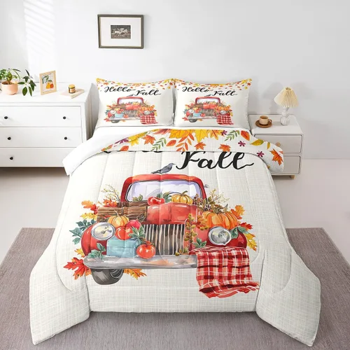 Miniatura 18 de Castle Fairy Juego de edredón de otoño con temática de Acción de Gracias, tamaño individual, juego de ropa de cama de calabaza, girasol, pavo