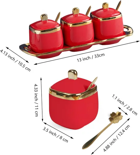 Miniatura 6 de Tazón de azúcar rojo con tapa y cuchara, tarros de cerámica para condimentos y especias con bandeja, tazones para azúcar y sal, juego de 3