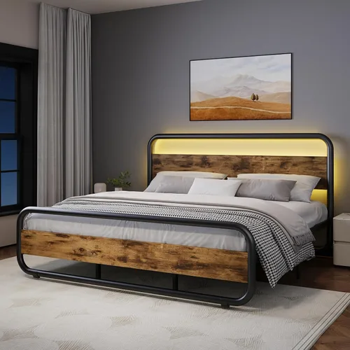 Miniatura 20 de Catrimown - Marco para cama individual con luces LED, marco de cama plataforma individual resistente de metal rústico con cabecera de madera