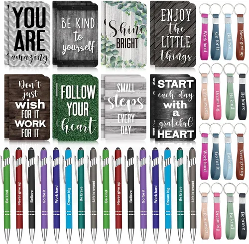 PerKoop 48 piezas de regalos inspiracionales a granel, blocs de notas motivacionales, bolígrafos, llaveros, conjunto de cuadernos de diario estilo
