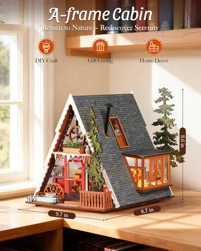 Miniatura 6 de Rolife Kit de casa en miniatura para bricolaje, cabina con marco en A, rompecabezas de madera 3D con tragaluz que se abre para adolescentes