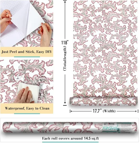 Miniatura 3 de Papel tapiz floral para despegar y pegar, damasco blanco/rosa, extraíble, autoadhesivo, revestimiento de estante para cajones para renovación