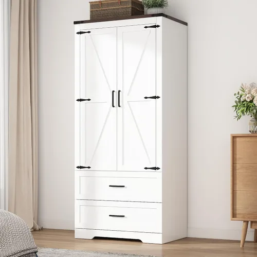 Miniatura 13 de Hlivelood Armario de 3 puertas con puertas y cajones, armario de madera de granja con estantes y barra para colgar para dormitorio, color marrón