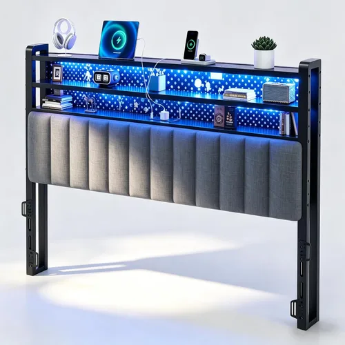 VINGLI Cabecera LED Queen con 3 estantes de almacenamiento y estación de carga, moderna cabecera tapizada con luces RGB, puertos USB y toma de Lino