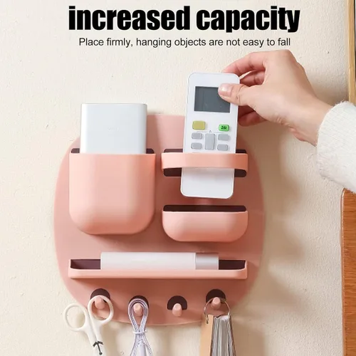 Miniatura 6 de Estante de montaje en pared, organizador de accesorios de mesita de noche con ganchos, almacenamiento adhesivo para teléfono, control remoto, Rosa