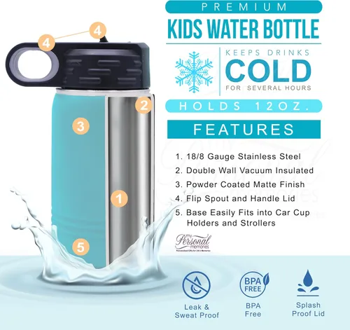 Miniatura 2 de My Personal Memories Botella de agua personalizada de 12 onzas para niños con pajilla, vaso aislado de doble pared para niños, niñas, escuela, Azul