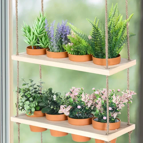 Miniatura 3 de FillTouch Macetas colgantes de hierbas de 3 niveles para colgar en la pared de jardín de hierbas con 12 piezas de maceta vertical de madera