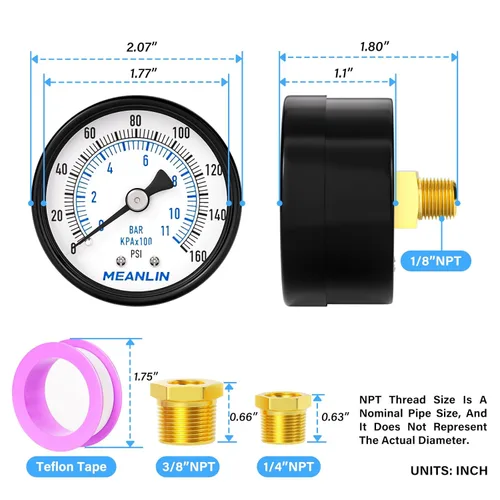Miniatura 2 de MEANLIN MEASURE Manómetro de presión de bomba de pozo NPT de 0-160 Psi con cara de dial de 2 pulgadas, con buje hexagonal NPT de 1/4 pulgadas y buje