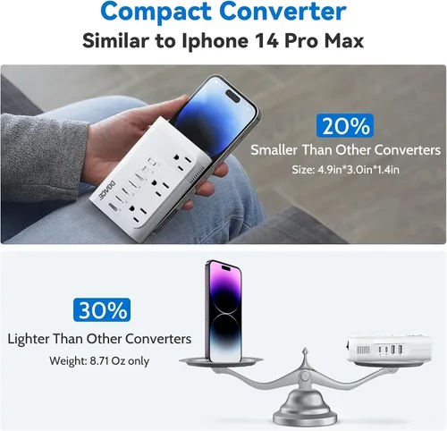 Miniatura 5 de DOACE Convertidor de 220 V a 110 V para viajes europeos - Convertidor de voltaje de 350 W de EE. UU. a Europa con 4 cargadores QC+PD para usar Blanco