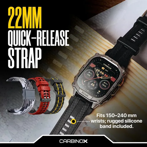 Miniatura 9 de CARBINOX Edge Smart Watch resistente, 1.96 ″ AMOLED, acero inoxidable, IP69K/5ATM rastreadores de fitness, doble banda GNSS, 500mAh, llamadas Negro