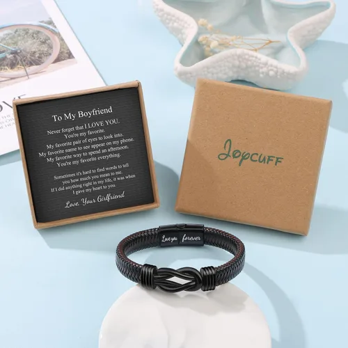 Miniatura 7 de Pulseras de nudo JoycuFF Regalos para hombres Marrón cuero trenzado acero inoxidable pulseras de infinito con inscripción Amor eterno Regalos