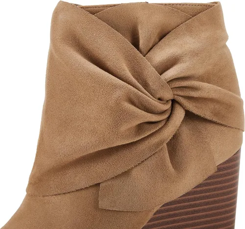 Miniatura 6 de Fashare Botines de cuña para mujer, tacón de lazo, tacón apilado, zapatos de vestir de invierno, Negro, Café
