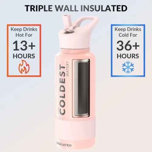Miniatura 2 de Coldest - Botella para agua con tapa que incluye pajilla, térmica y metálica (acero inoxidable), para hombres y mujeres, color rosa brillante