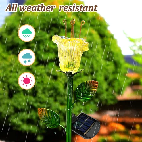 Miniatura 3 de VChymm Paquete de 2 flores decorativas solares, luces de lirio de vidrio amarillo impermeables, encendido/apagado automático para jardín, patio