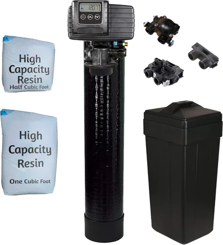 AFWFilters 5600sxt Ablandador de agua de grano medido bajo demanda de 48,000 granos con tanque de salmuera, derivación y adaptadores de 1"