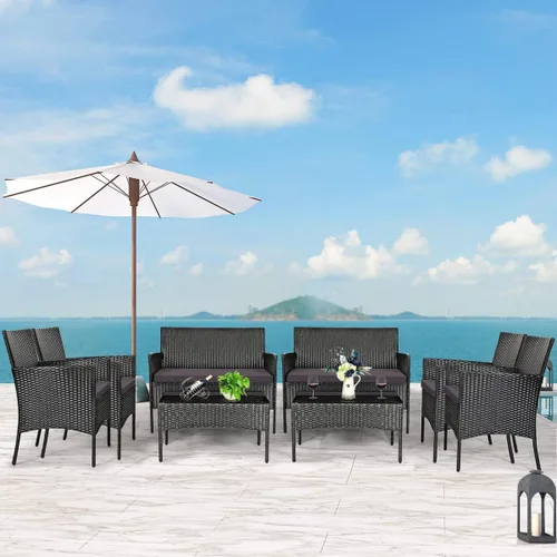 Miniatura 12 de Tangkula Juego de muebles de patio de 4 piezas, juego de conversación de mimbre para exteriores con mesa de vidrio templado, juego de sofá y sillas