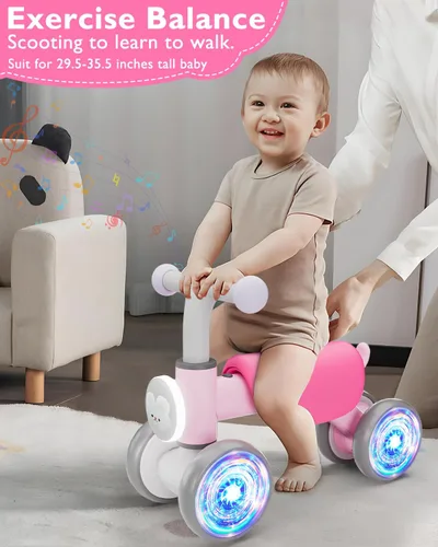 Miniatura 6 de Doselie Bicicleta de equilibrio para niños pequeños de 1 a 2 años, 4 ruedas, iluminación colorida con música, bicicleta de equilibrio para bebés