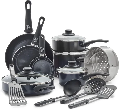 GreenLife Juego de utensilios de cocina antiadherentes de 16 piezas, agarre suave, ollas y sartenes de cerámica no tóxica libre de PFAS, apto para