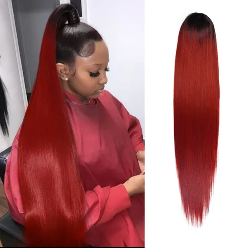 Miniatura 9 de GLAM21USA Extensión de cola de caballo recta de 28 pulgadas de largo con cordón para mujeres negras, extensión de cabello natural con clip, pieza